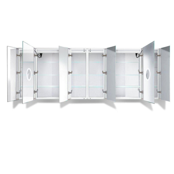 Krugg Reflections Svange 96" x 36" 5000K Double Hexa-View Left-Left-Left-Right-Right-Right Opening Recessed/Surface-Mount Illuminated Silver Backed LED Medicine Cabinet Mirror With Built-in Defogger, Dimmer and Electrical Outlet