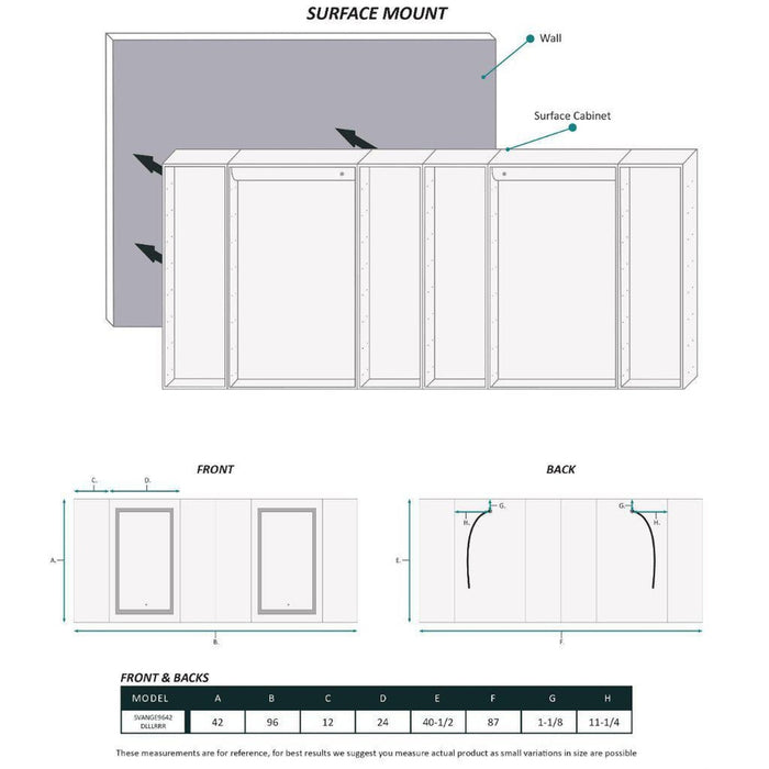 Krugg Reflections Svange 96" x 42" 5000K Double Hexa-View Left-Left-Left-Right-Right-Right Opening Recessed/Surface-Mount Illuminated Silver Backed LED Medicine Cabinet Mirror With Built-in Defogger, Dimmer and Electrical Outlet