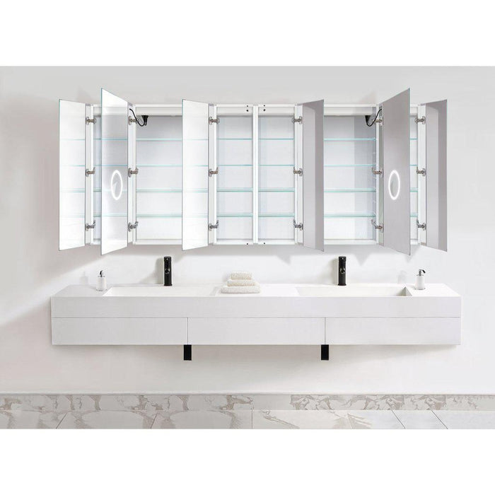 Krugg Reflections Svange 96" x 42" 5000K Double Hexa-View Left-Left-Left-Right-Right-Right Opening Recessed/Surface-Mount Illuminated Silver Backed LED Medicine Cabinet Mirror With Built-in Defogger, Dimmer and Electrical Outlet