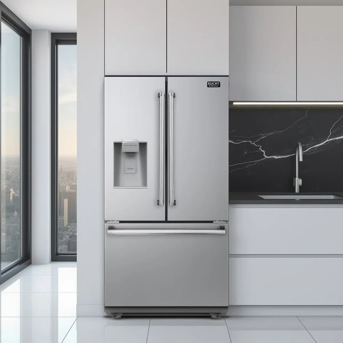 Kucht 5-Piece Appliance Package - 48-Inch Propane Gas Range with 6.7 Cu. Ft. Oven, 36-Inch Refrigerator with Water Dispenser, Dishwasher, Wall Mount Range Hood, & Microwave Wall Oven in Stainless Steel