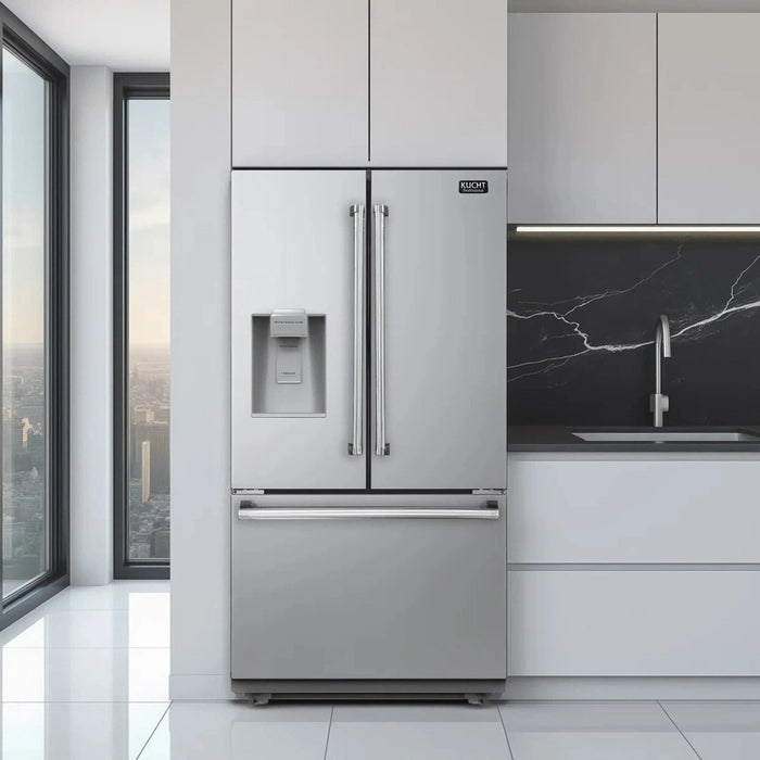 Kucht 4-Piece Appliance Package - 30-Inch Dual Fuel Range in Propane Gas, 36-Inch Refrigerator with Water Dispenser, Dishwasher & Wall Mount Range Hood in Stainless Steel