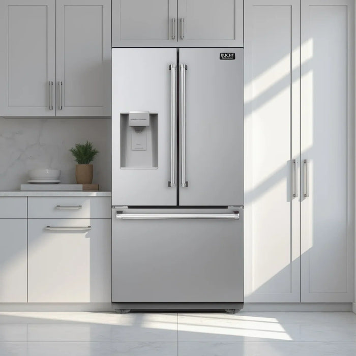Kucht 5-Piece Appliance Package - 36-Inch Natural Gas Range with 5.2 Cu. Ft. Oven, 36-Inch Refrigerator with Water Dispenser, Dishwasher, Wall Mount Range Hood, & Microwave Wall Oven in Stainless Steel