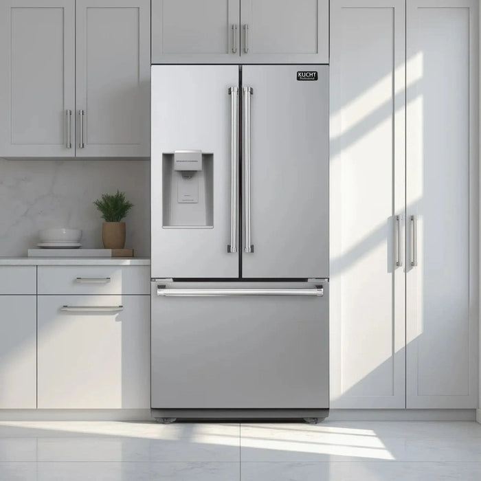 Kucht 5-Piece Appliance Package - 48-Inch Natural Gas Range with 6.7 Cu. Ft. Oven, 36-Inch Refrigerator with Water Dispenser, Dishwasher, Wall Mount Range Hood, & Microwave Wall Oven in Stainless Steel