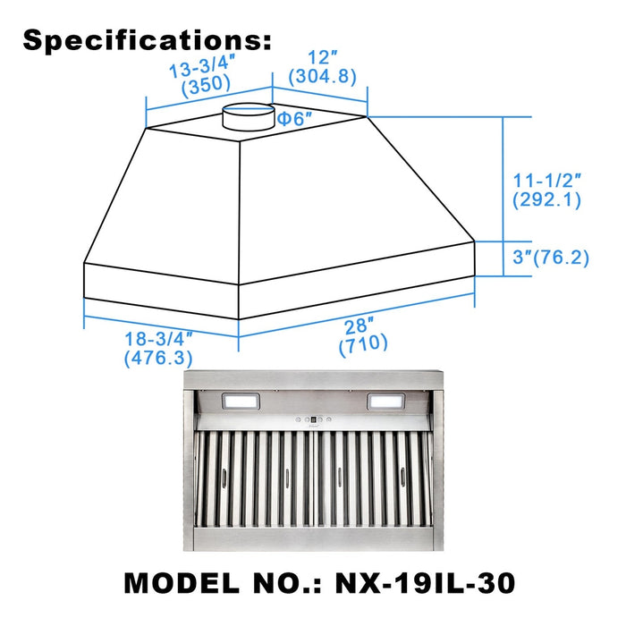 30“ Range Hood Insert, Ultra Quiet Stainless Steel 6" Ducted with 600 CFM Powerful Suction-NX-19IL-30