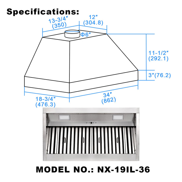 36“ Range Hood Insert, Ultra Quiet Stainless Steel 6" Ducted with 600 CFM Powerful Suction-NX-19IL-36