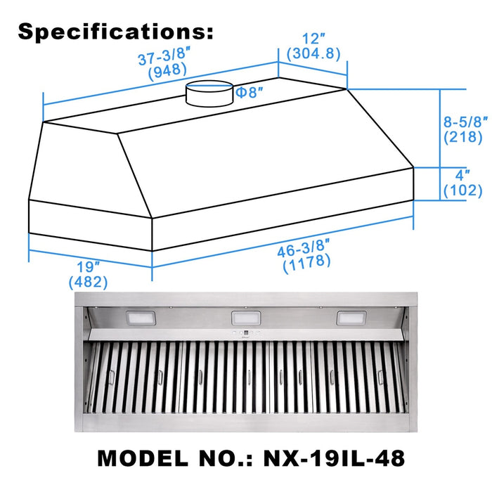 48“ Range Hood Insert, Ultra Quiet Stainless Steel 8" Ducted with 600 CFM Powerful Suction-NX-19IL-48
