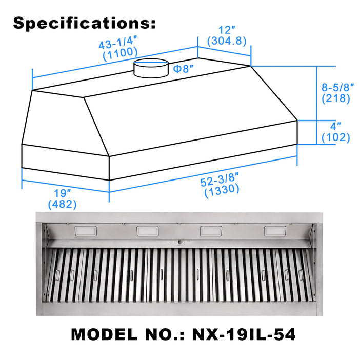 54“ Range Hood Insert, Ultra Quiet Stainless Steel 8" Ducted with 600 CFM Powerful Suction-NX-19IL-54
