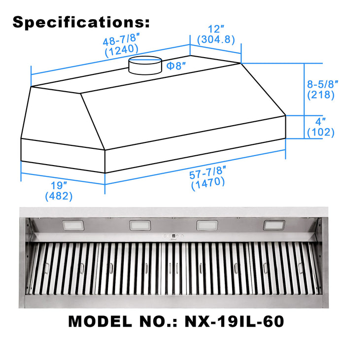 60“ Range Hood Insert, Ultra Quiet Stainless Steel 8" Ducted with 600 CFM Powerful Suction-NX-19IL-60