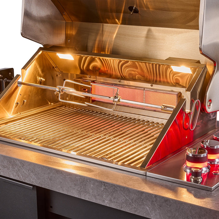 Forno Rimini Outdoor Kitchen 30" BBQ 62,600 BTU, 3 Burners with Sear & Rotisserie, 2.4 cu.ft. Beverage Center, Stainless Steel Sink, Black Cabinets & Gray Sintered Stone Countertop