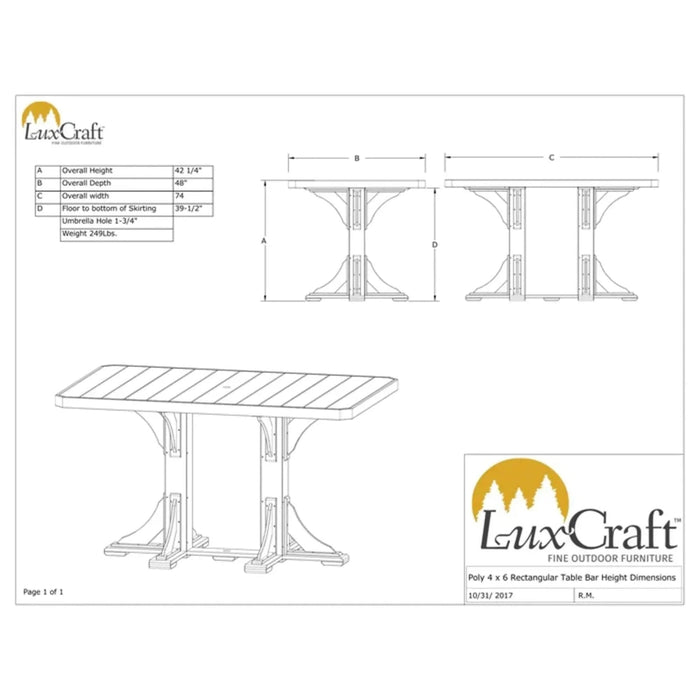 LuxCraft 4' x 6' Bar Height Poly Rectangular Table