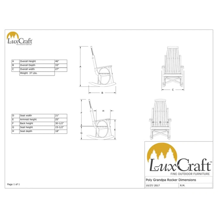 LuxCraft Poly Porch Grandpa's Outdoor Patio Rocker Rocking Arm Chair
