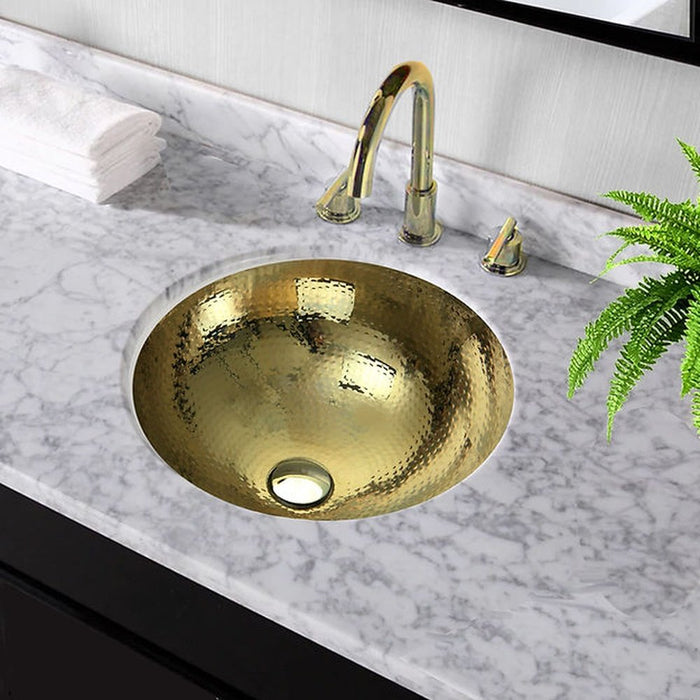 Brightwork Home Nantucket Sinks RLB - 16.5 Inch  Hammered Brass Round Undermount Bathroom Sink With Overflow