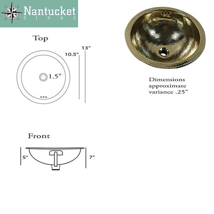 Brightwork Home Nantucket Sinks ROB-OF - 13 Inch Hand Hammered Brass Round Undermount Bathroom Sink, Brass With Overflow