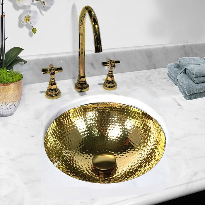 Brightwork Home Nantucket Sinks ROB-OF - 13 Inch Hand Hammered Brass Round Undermount Bathroom Sink, Brass With Overflow