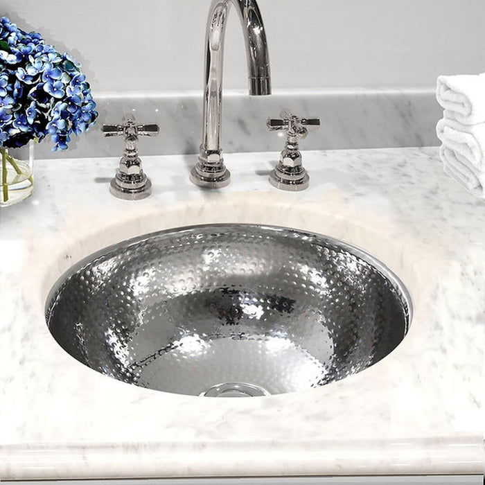 Brightwork Home Nantucket Sinks ROS-OF 13 Inch Hand Hammered Stainless Steel Round Undermount Bathroom Sink With Overflow