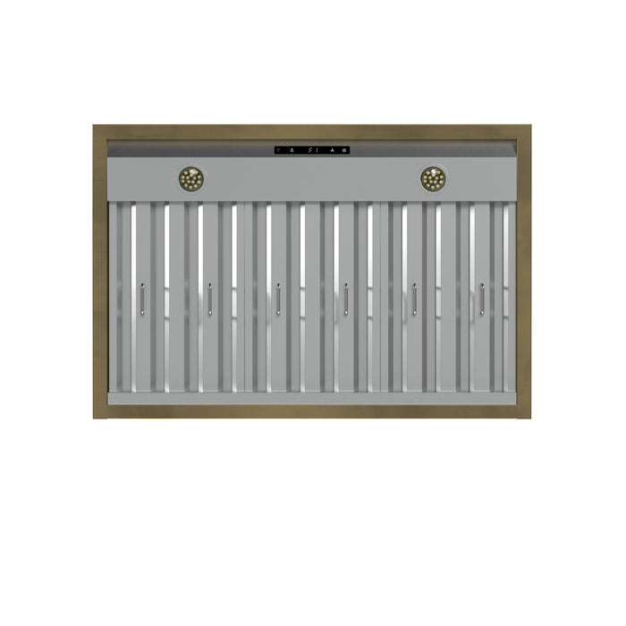 Forno Vittorio 36-Inch Wall Mount Range Hood, Black with Antique Brass Trim, 424 CFM Airflow, Dishwasher-Safe Baffle Filters, Remote Control, 3-Speed Fan, Bright LED Lighting.
