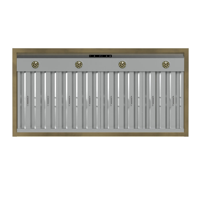 Forno Vittorio 48-Inch Wall Mount Range Hood, Black with Antique Brass Trim, 424 CFM Airflow, Dishwasher-Safe Baffle Filters, Remote Control, 3-Speed Fan, Bright LED Lighting.