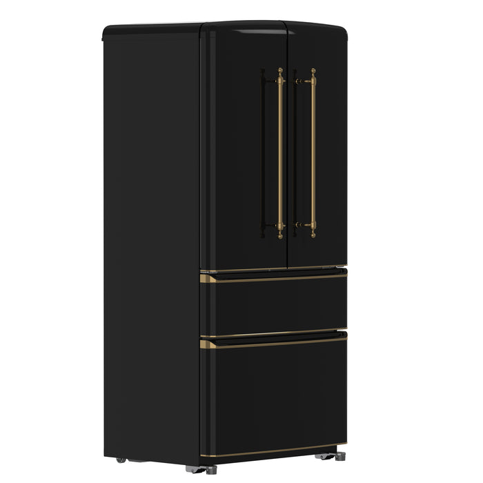 Forno Luigi 33-Inch French Door Refrigerator, 18 cu.ft, Black Finish, Antique Brass Handles, ENERGY STAR Certified