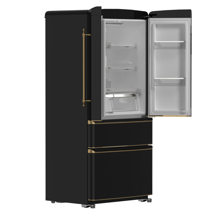 Forno Luigi 33-Inch French Door Refrigerator, 18 cu.ft, Black Finish, Antique Brass Handles, ENERGY STAR Certified