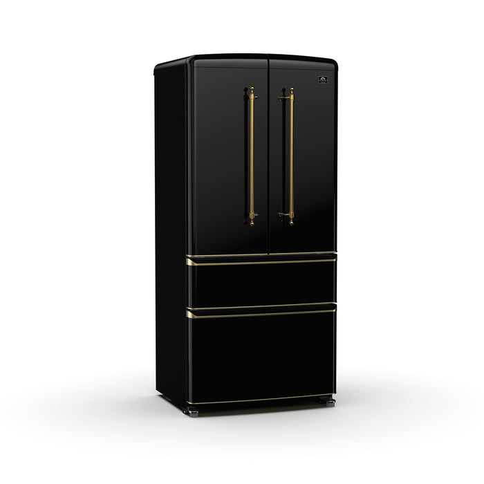 Forno Luigi 33-Inch French Door Refrigerator, 18 cu.ft, Black Finish, Antique Brass Handles, ENERGY STAR Certified