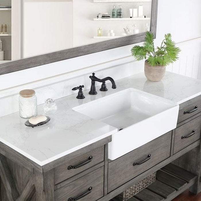 Vinnova Designs Villareal 60" Single Bath Vanity in Classical Grey with Composite Stone Top in White, White Farmhouse Basin and Mirror