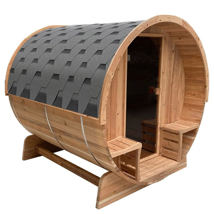 Aleko Outdoor Rustic Cedar Barrel Steam Sauna - Front Porch Canopy - UL Certified - 3-4 Person