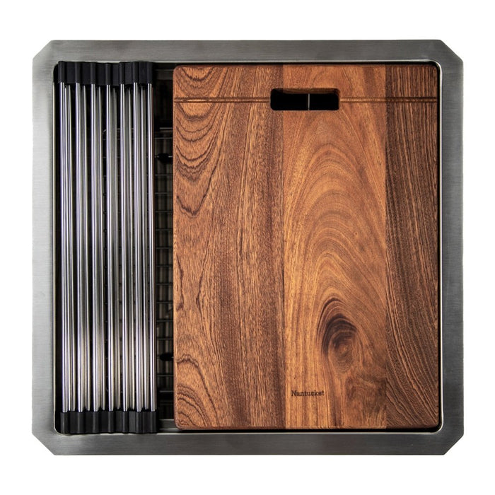 Nantucket Sinks 19 Inch 16 Gauge Stainless Steel Workstation - Includes Bottom Grid, Cutting board and roll up mat.