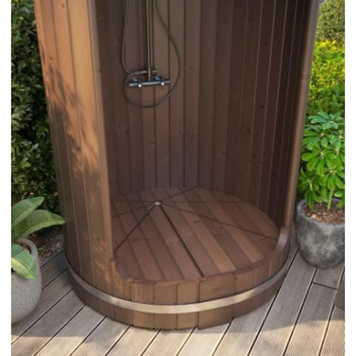 SaunaLife Outdoor Barrel Shower Model w/ Thermo Spruce Surround