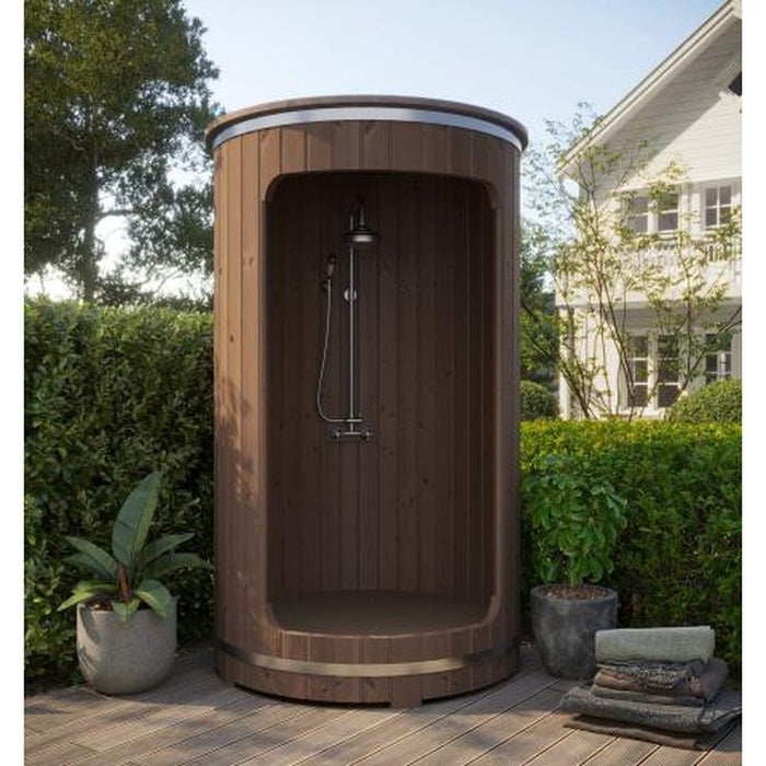 SaunaLife Outdoor Barrel Shower Model w/ Thermo Spruce Surround