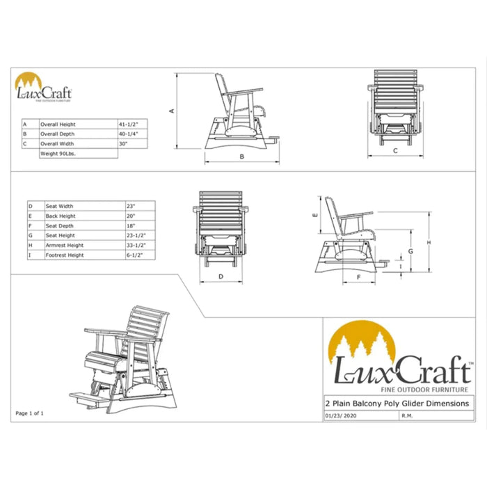 LuxCraft 2' Plain Balcony Rollback Poly Glider Chair