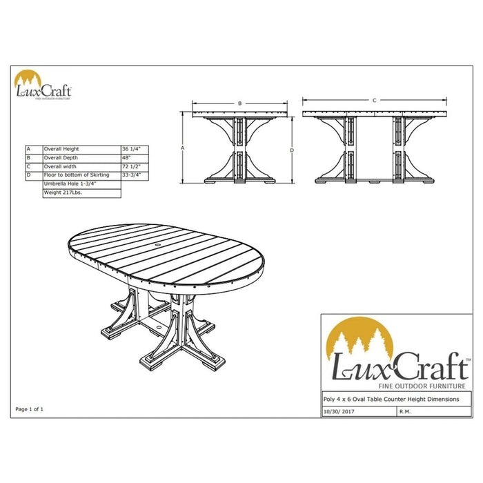 LuxCraft 4' x 6' Counter Height Poly Oval Table