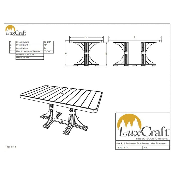 LuxCraft 4' x 6' Counter Height Poly Rectangular Table
