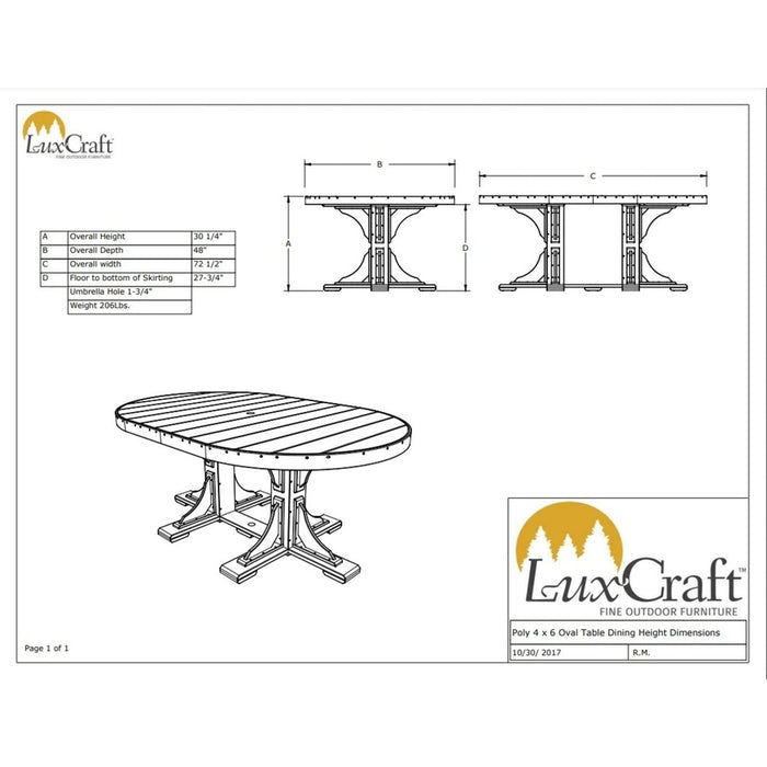 LuxCraft 4' x 6' Dining Height Poly Oval Table