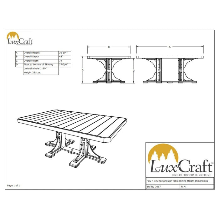 LuxCraft 4' x 6' Dining Height Poly Rectangular Table