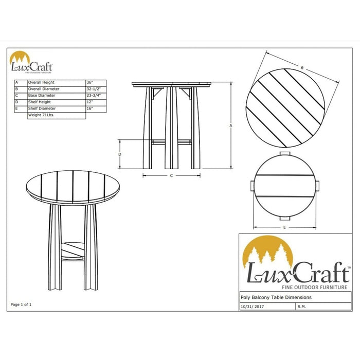 LuxCraft Poly Counter Height 36" Balcony Table