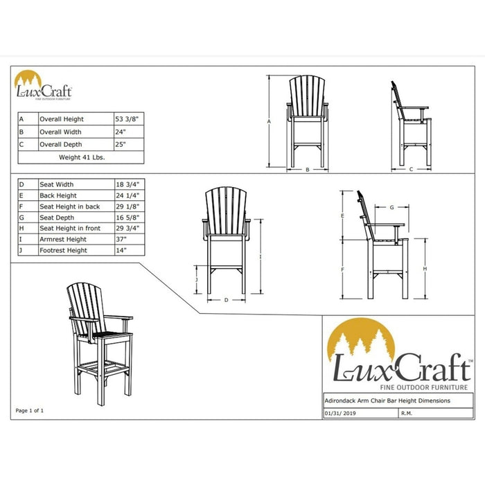 LuxCraft Bar Height Poly Adirondack Arm Chair