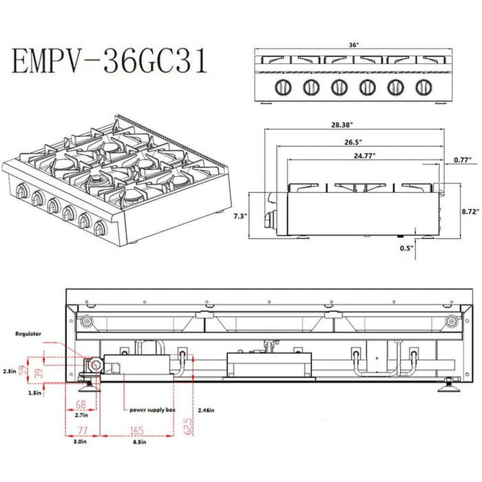 Empava 36GC31 Pro-style 36 In. Slide-in Gas Cooktops