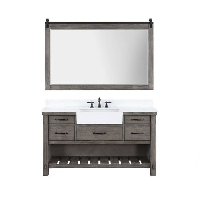 Vinnova Designs Villareal 60" Single Bath Vanity in Classical Grey with Composite Stone Top in White, White Farmhouse Basin and Mirror