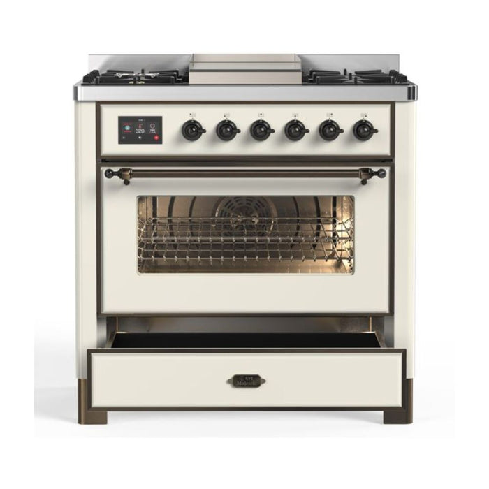 ILVE 36 Inch Majestic II Series Dual Fuel Natural Gas Range with 6 Burners and Griddle with 3.5 cu. ft. Oven Capacity TFT Oven Control Display (UM09FDNS3)
