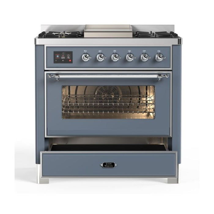 ILVE 36 Inch Majestic II Series Dual Fuel Natural Gas Range with 6 Burners and Griddle with 3.5 cu. ft. Oven Capacity TFT Oven Control Display (UM09FDNS3)