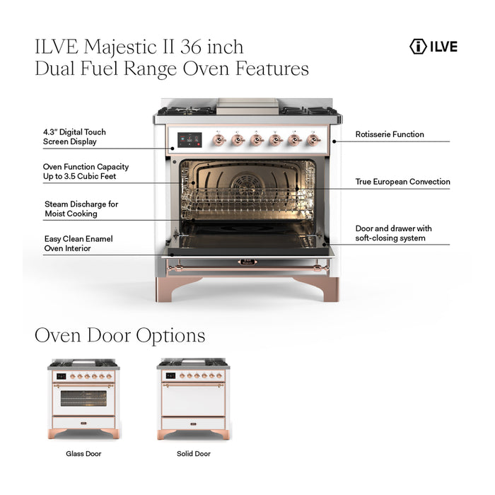 ILVE 36 Inch Majestic II Series Dual Fuel Natural Gas Range with 6 Burners and Griddle with 3.5 cu. ft. Oven Capacity TFT Oven Control Display (UM09FDNS3)