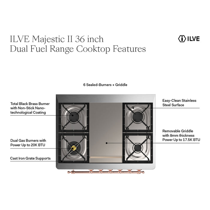 ILVE 36 Inch Majestic II Series Dual Fuel Natural Gas Range with 6 Burners and Griddle with 3.5 cu. ft. Oven Capacity TFT Oven Control Display (UM09FDNS3)