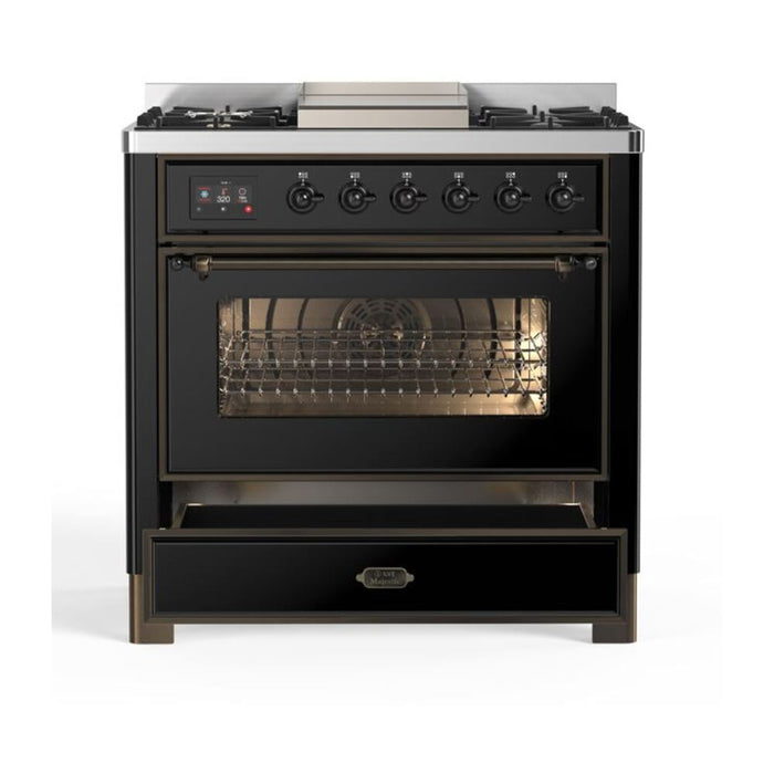 ILVE 36 Inch Majestic II Series Dual Fuel Natural Gas Range with 6 Burners and Griddle with 3.5 cu. ft. Oven Capacity TFT Oven Control Display (UM09FDNS3)