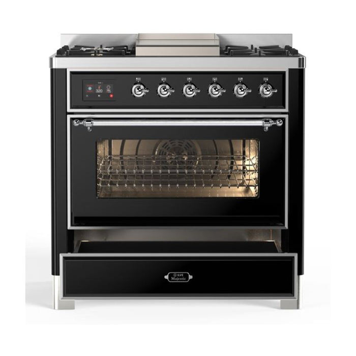 ILVE 36 Inch Majestic II Series Dual Fuel Natural Gas Range with 6 Burners and Griddle with 3.5 cu. ft. Oven Capacity TFT Oven Control Display (UM09FDNS3)