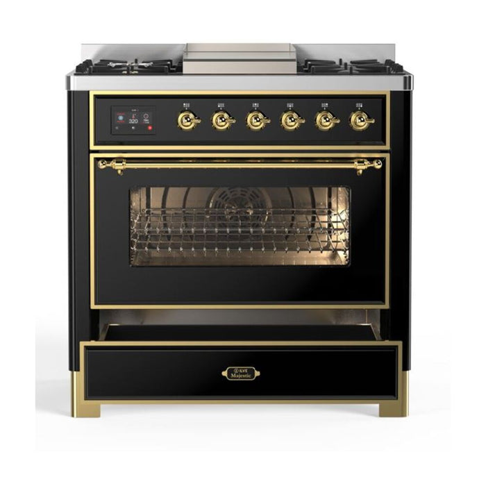 ILVE 36 Inch Majestic II Series Dual Fuel Natural Gas Range with 6 Burners and Griddle with 3.5 cu. ft. Oven Capacity TFT Oven Control Display (UM09FDNS3)