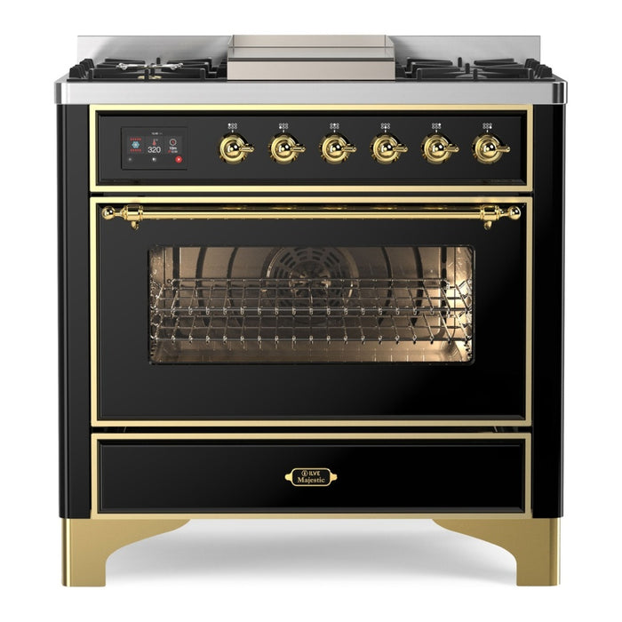 ILVE 36 Inch Majestic II Series Dual Fuel Natural Gas Range with 6 Burners and Griddle with 3.5 cu. ft. Oven Capacity TFT Oven Control Display (UM09FDNS3)
