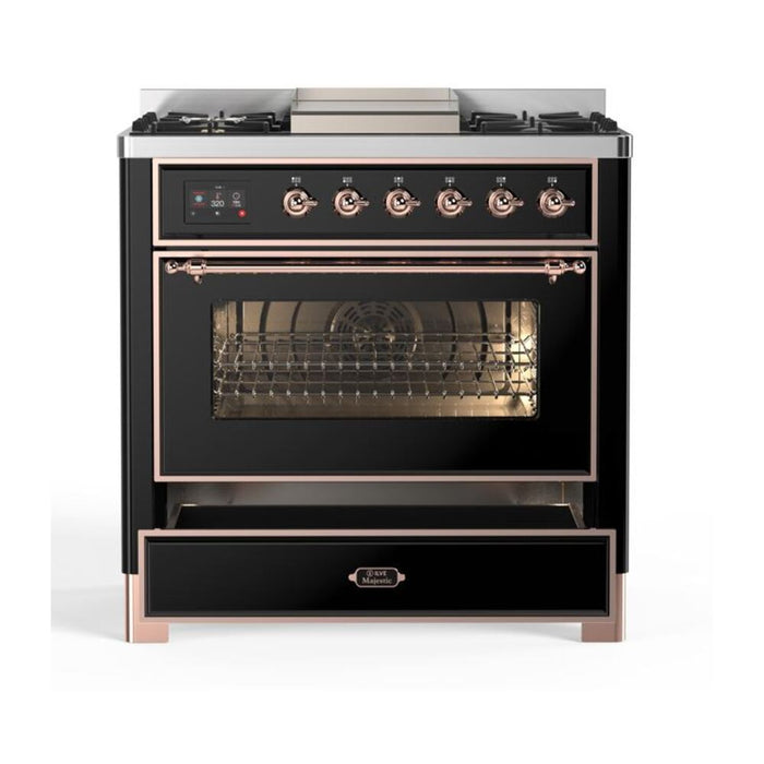 ILVE 36 Inch Majestic II Series Dual Fuel Natural Gas Range with 6 Burners and Griddle with 3.5 cu. ft. Oven Capacity TFT Oven Control Display (UM09FDNS3)