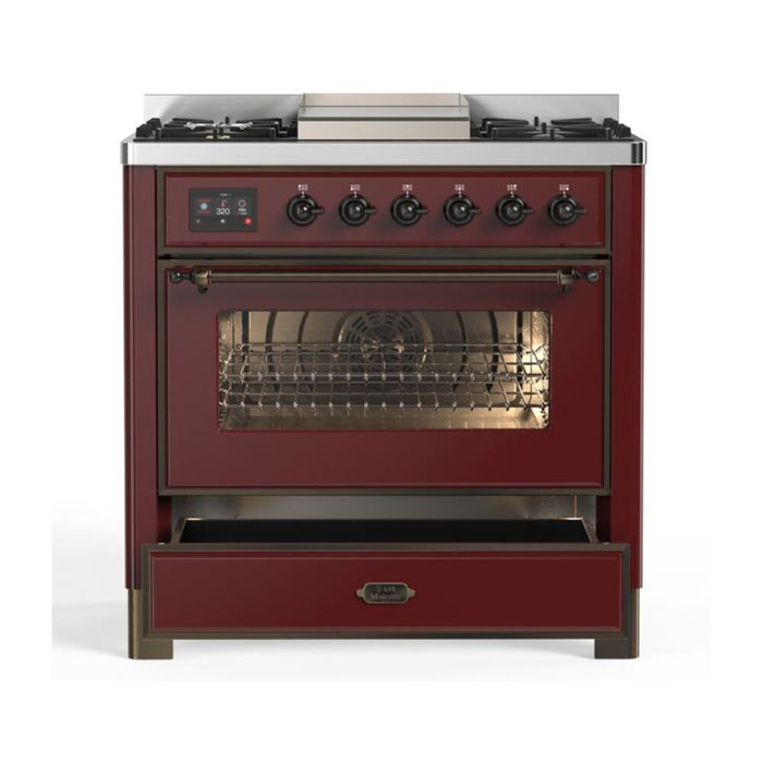 ILVE 36 Inch Majestic II Series Dual Fuel Natural Gas Range with 6 Burners and Griddle with 3.5 cu. ft. Oven Capacity TFT Oven Control Display (UM09FDNS3)