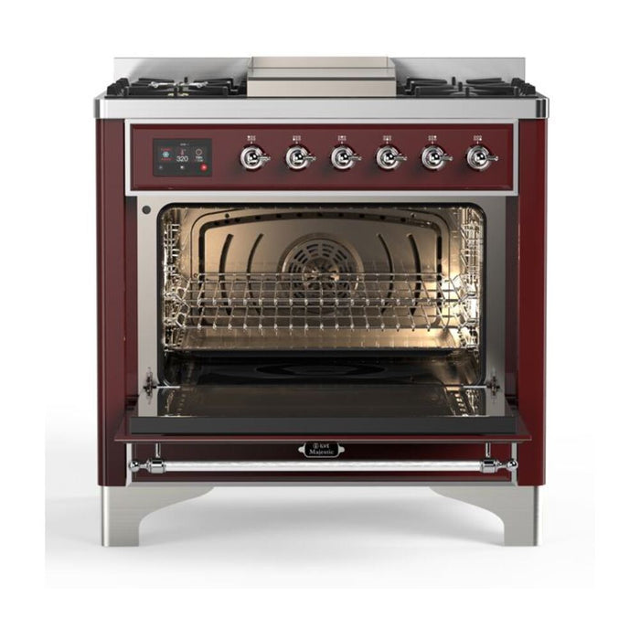 ILVE 36 Inch Majestic II Series Dual Fuel Natural Gas Range with 6 Burners and Griddle with 3.5 cu. ft. Oven Capacity TFT Oven Control Display (UM09FDNS3)