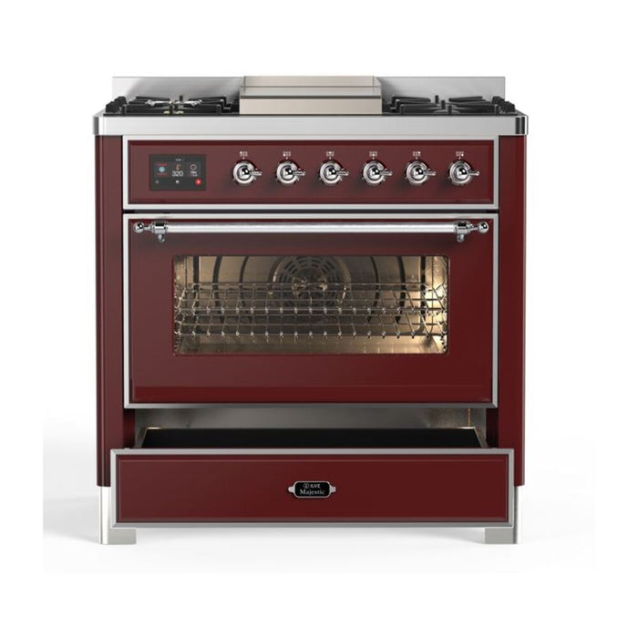 ILVE 36 Inch Majestic II Series Dual Fuel Natural Gas Range with 6 Burners and Griddle with 3.5 cu. ft. Oven Capacity TFT Oven Control Display (UM09FDNS3)